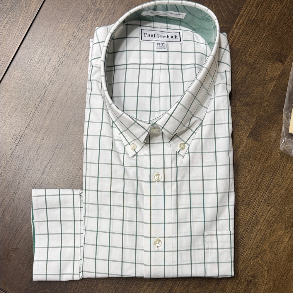 Paul Fredrick Men's White Shirt with Green Check Pattern Big & Tall